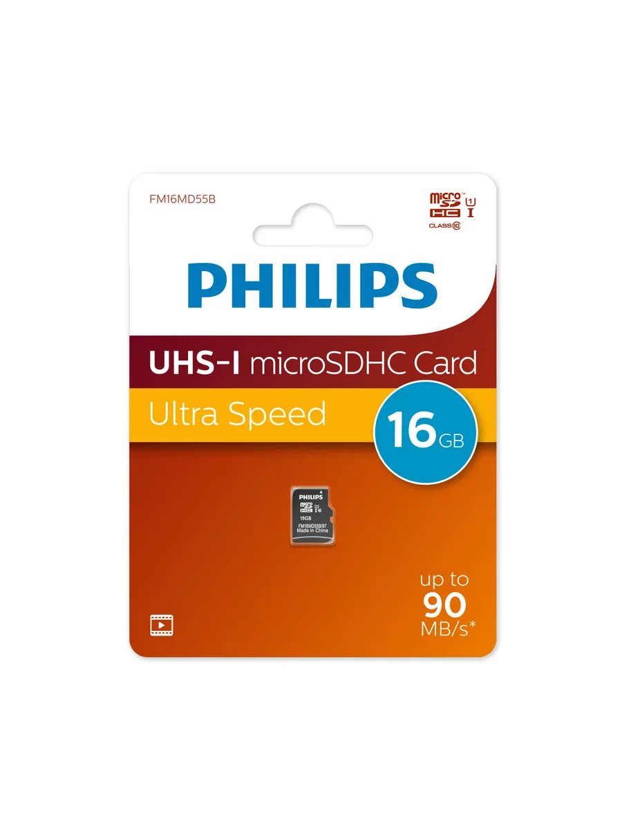 Флеш карта microSD 16GB PHILIPS High Speed microSDHC Class 10 90MB/s — фото 1