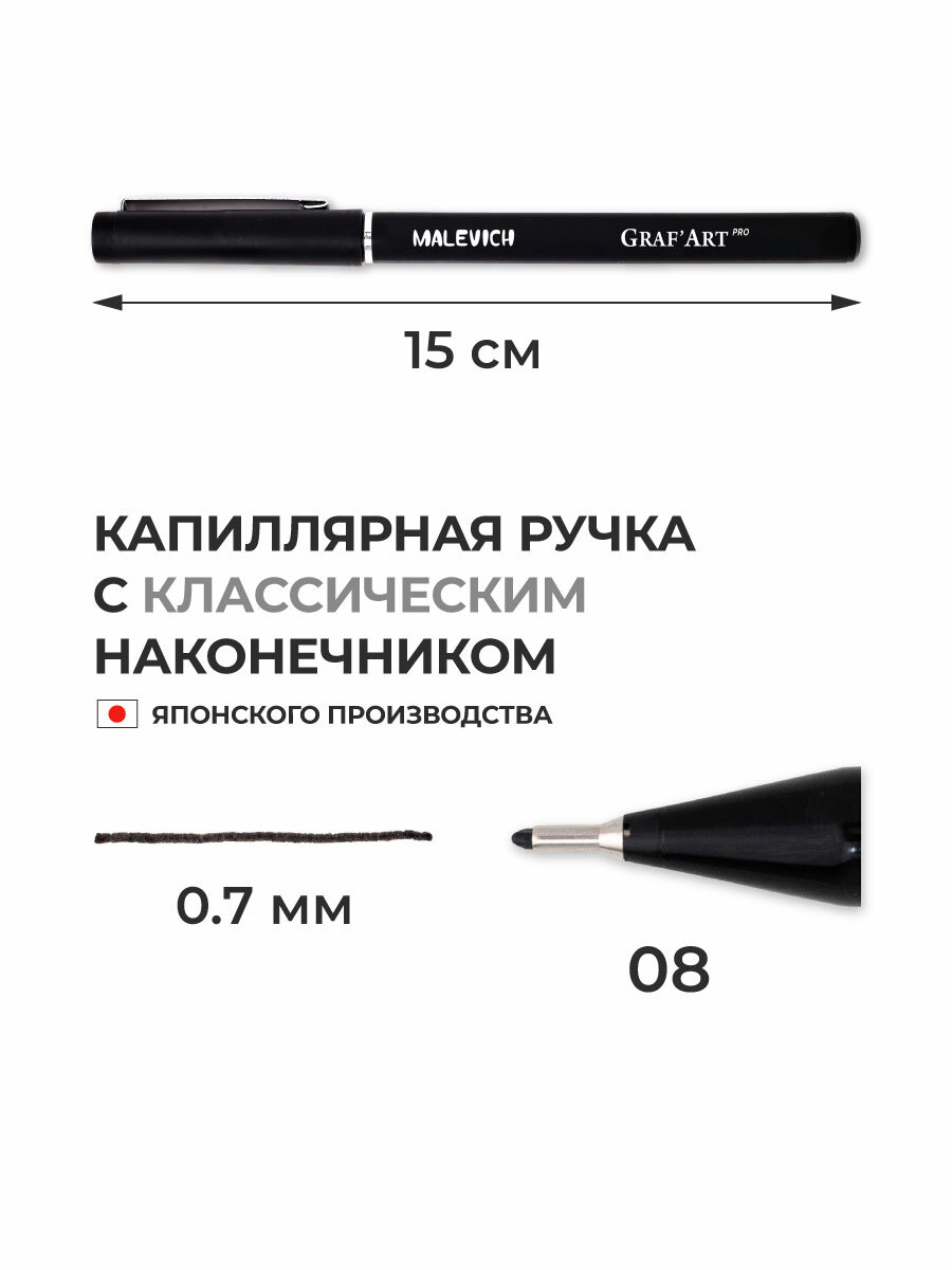 Капиллярная ручка Малевичъ GrafArt PRO, линер черный, номер 08 — фото 1