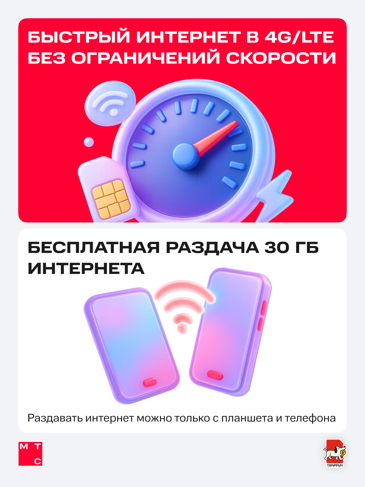 Сим-карта МТС с безлимитным интернетом Тариф риил за 300 руб/мес — фото 1