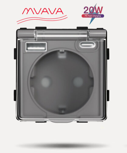 Изображение товара Механизм розетки с крышкой (без рамки) с Usb/Type-C АC, быстрая зарядка 20Вт, цвет серый