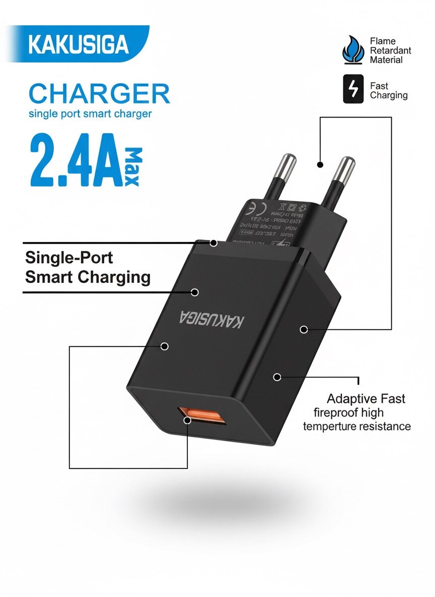 Зарядное устройство KAKUSIGA 2.4A Max | Быстрая зарядка | Европейская вилка, зарядка