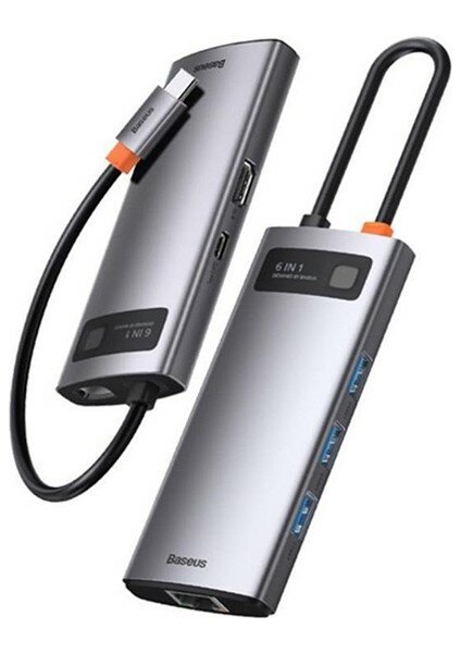 USB-концентратор Baseus "Metal Gleam" HUB, 8 в 1, алюминиевый сплав, серый — фото 1