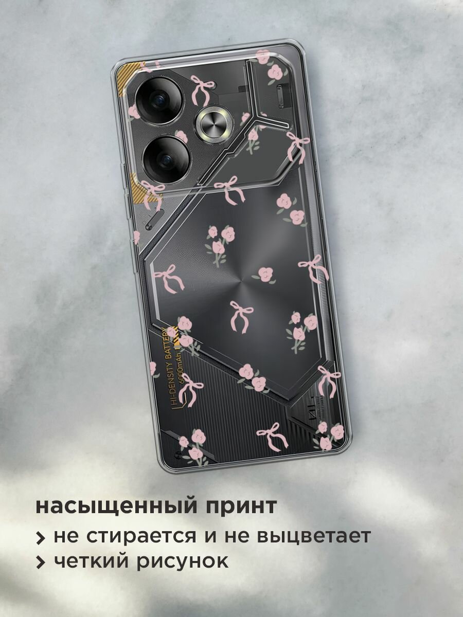 Чехол на Tecno Pova 6 / Текно Пова 6 с принтом "Розы и ленточки", прозрачный — фото 1