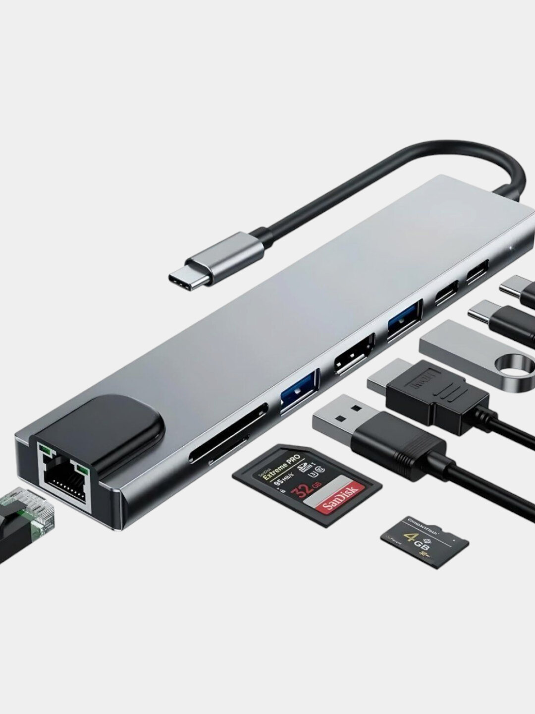 Хаб 8 в 1, с Type-C на USB, HDMI, RJ45, SD, TF для MacBook, iPad Pro и других устройств