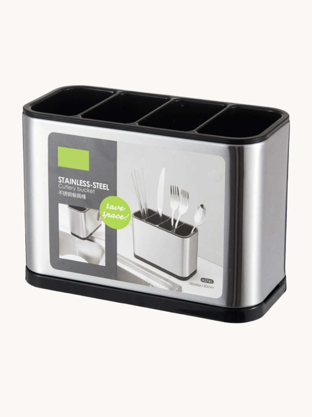 Подставка для столовых приборов/кухонных принадлежностей из нержавеющей стали и пластика.