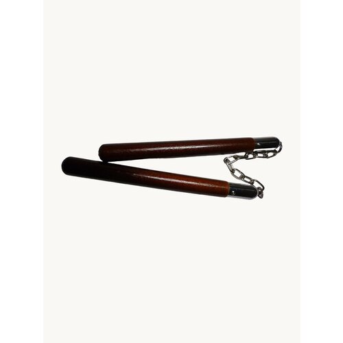 Нунчаки коричневые 30см деревянные из натурального целого бруса тренировочные гладкие покрытые лаком со стальной цепью и стальными креплениями на шурупах с вращением основания цепи AVN.