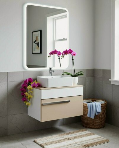 Изображение товара Мебель для ванной Вудлайн 65, белый-кремовый, раковина Исток, зеркало Руан 60х80