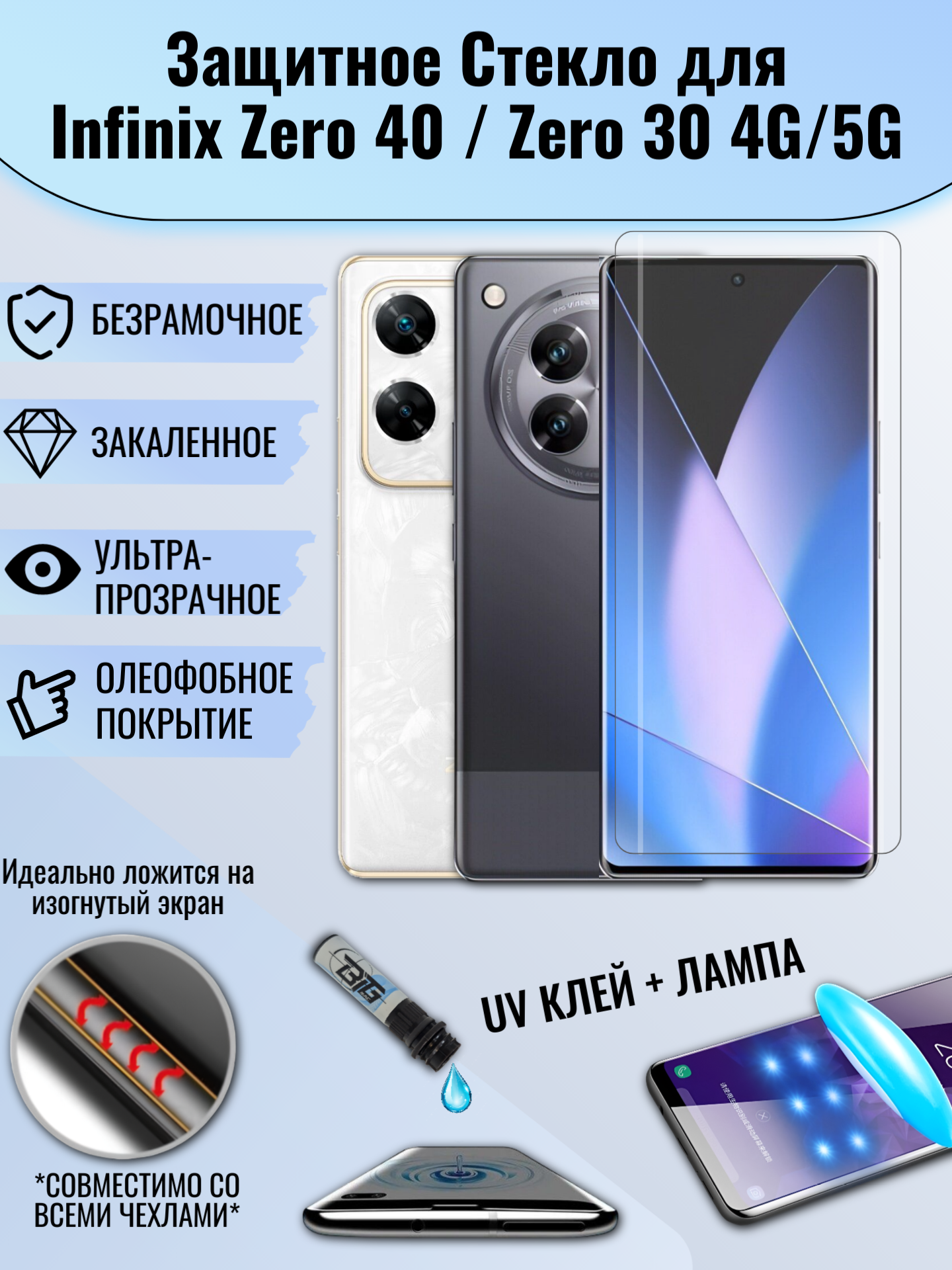 Защитное стекло для Infinix Zero 40 / Zero 30 с UV УФ клеем и лампой