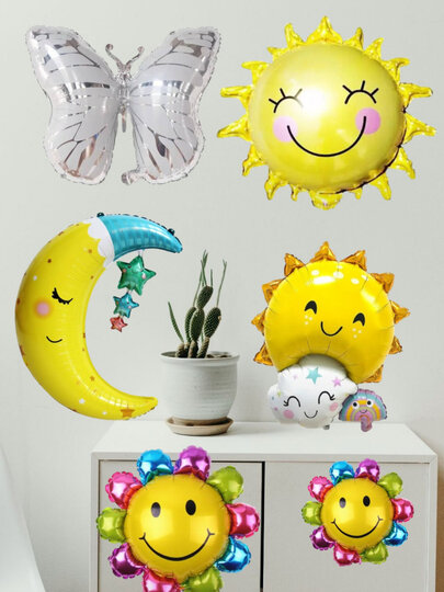 Набор фольгированных шаров состоящий бабочки, солнышка и луны и двух цветочков большого и маленького размера
