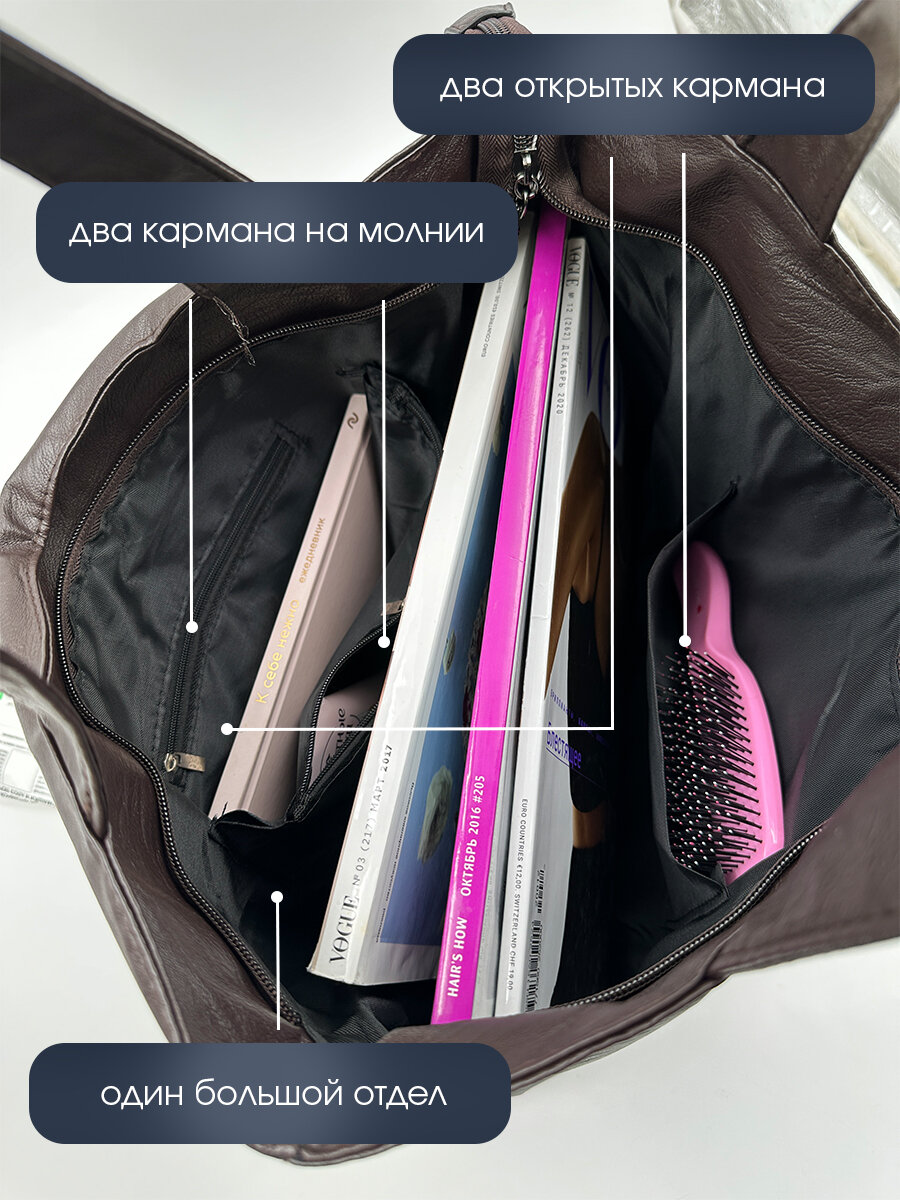 Сумка шоппер HAIR COLLECTION, фактура гладкая, тиснение, коричневый — фото 1