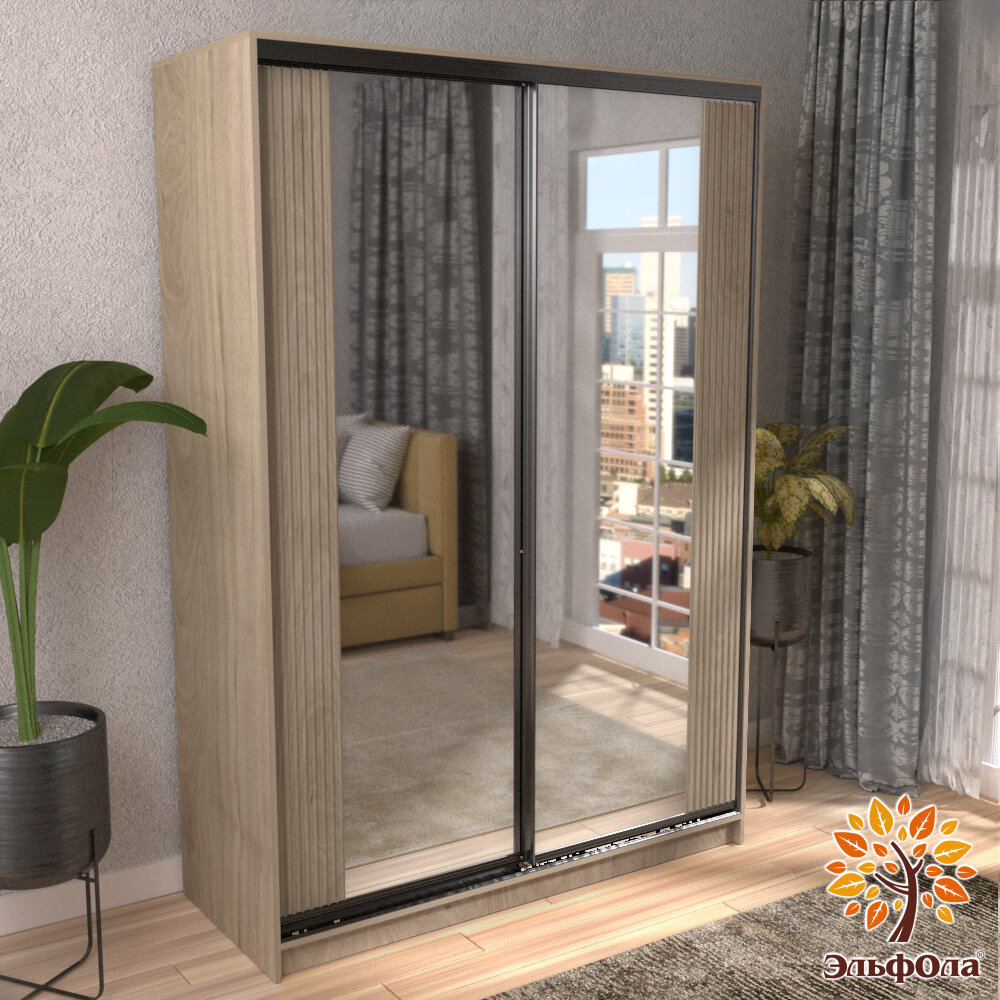 ЭльфОла Шкаф-купе "Вертикаль" 120х45х220 см, цвет гикори джексон светлый/черный/накладка гикори джексон, с зеркалом, для одежды, двухдверный