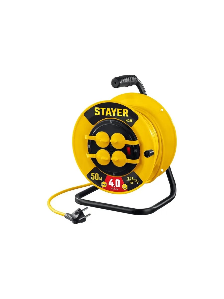 Силовой удлинитель на катушке STAYER ПВС 3x2.5, 50м, 4000Вт, ip44