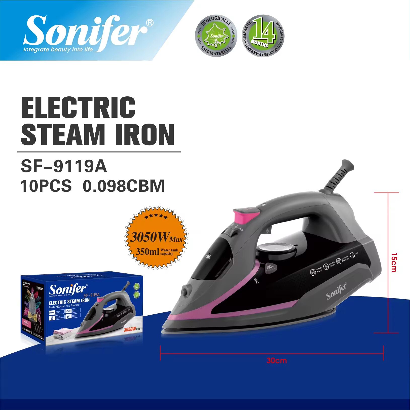 Утюг Sonifer SF-9119A, керамическая подошва, мощность 3050 Вт, объем резервуара 350 мл