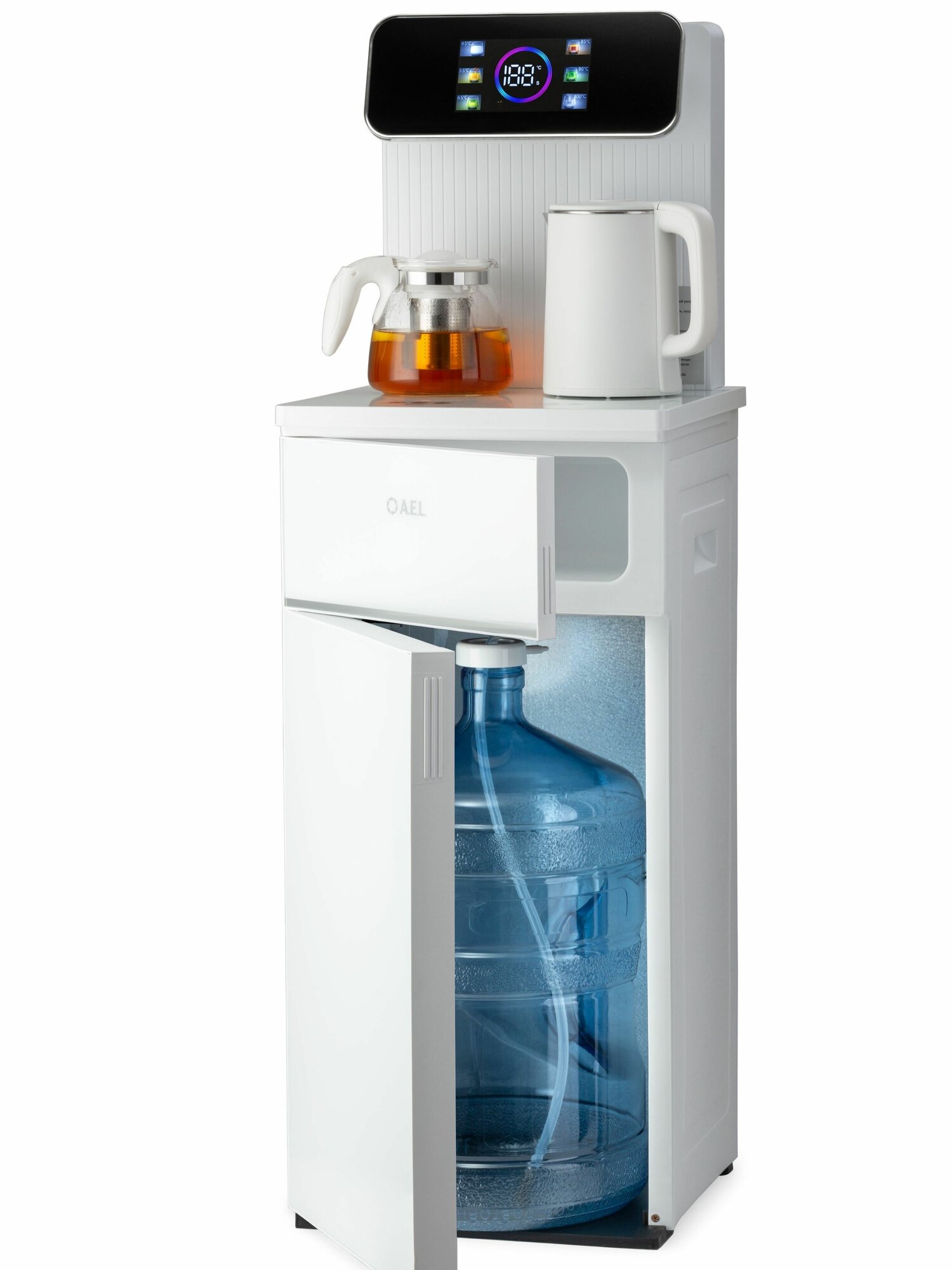 Кулер с чайным столиком Тиабар AEL LK TB84a white, без охлаждения, с сенсорным экраном и встроенным шкафчиком