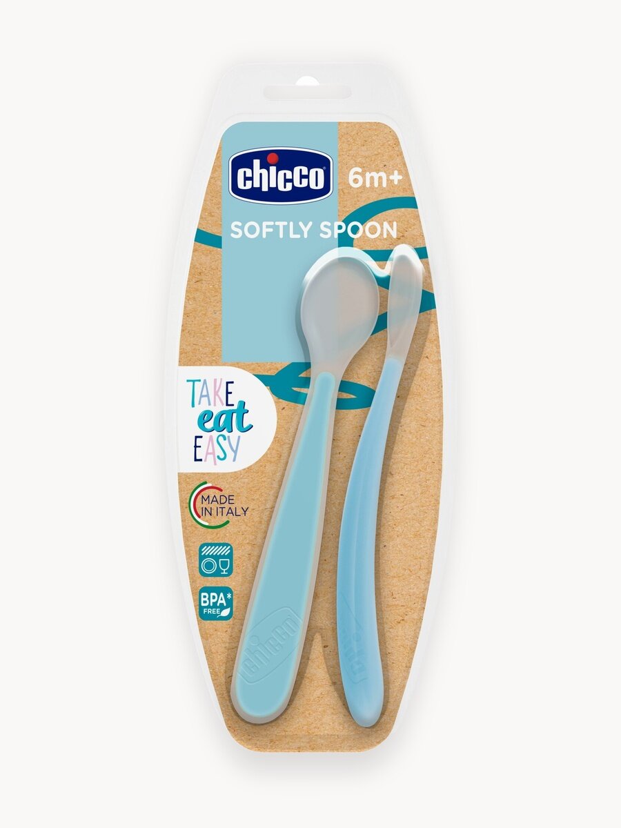 Ложка для прикорма Chicco мягкая силиконовая от 6 месяцев, 2 шт, голубая