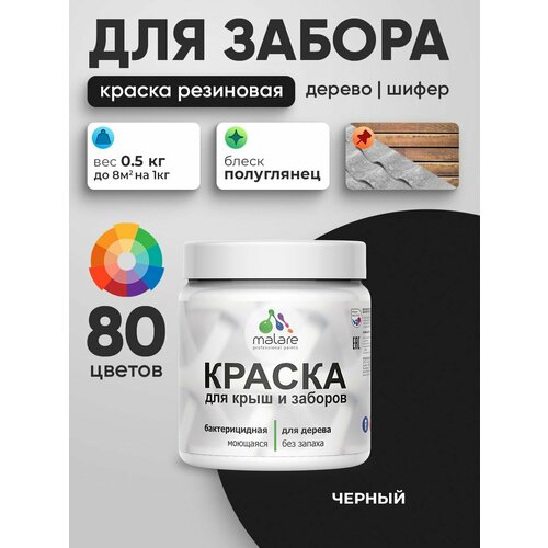 фото Резиновая краска malare для деревянного забора/ по дереву для наружных и внутренних работ/ быстросохнущая моющаяся без запаха полуглянцевая, черный, 0.5 кг.