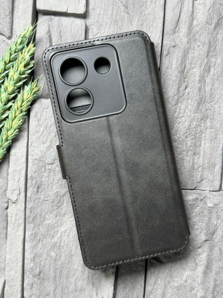 Чехол книжка для Xiaomi Poco M7 Pro (5G) кожаный с магнитной застежкой (Поко М7 Про) с хлястиком, с функцией подставки, черный — фото 1
