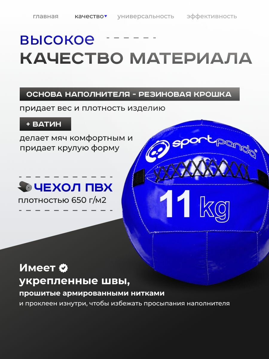 Медбол SportPanda, ПВХ, диаметр 38 см, 11 кг, армированные швы — фото 1
