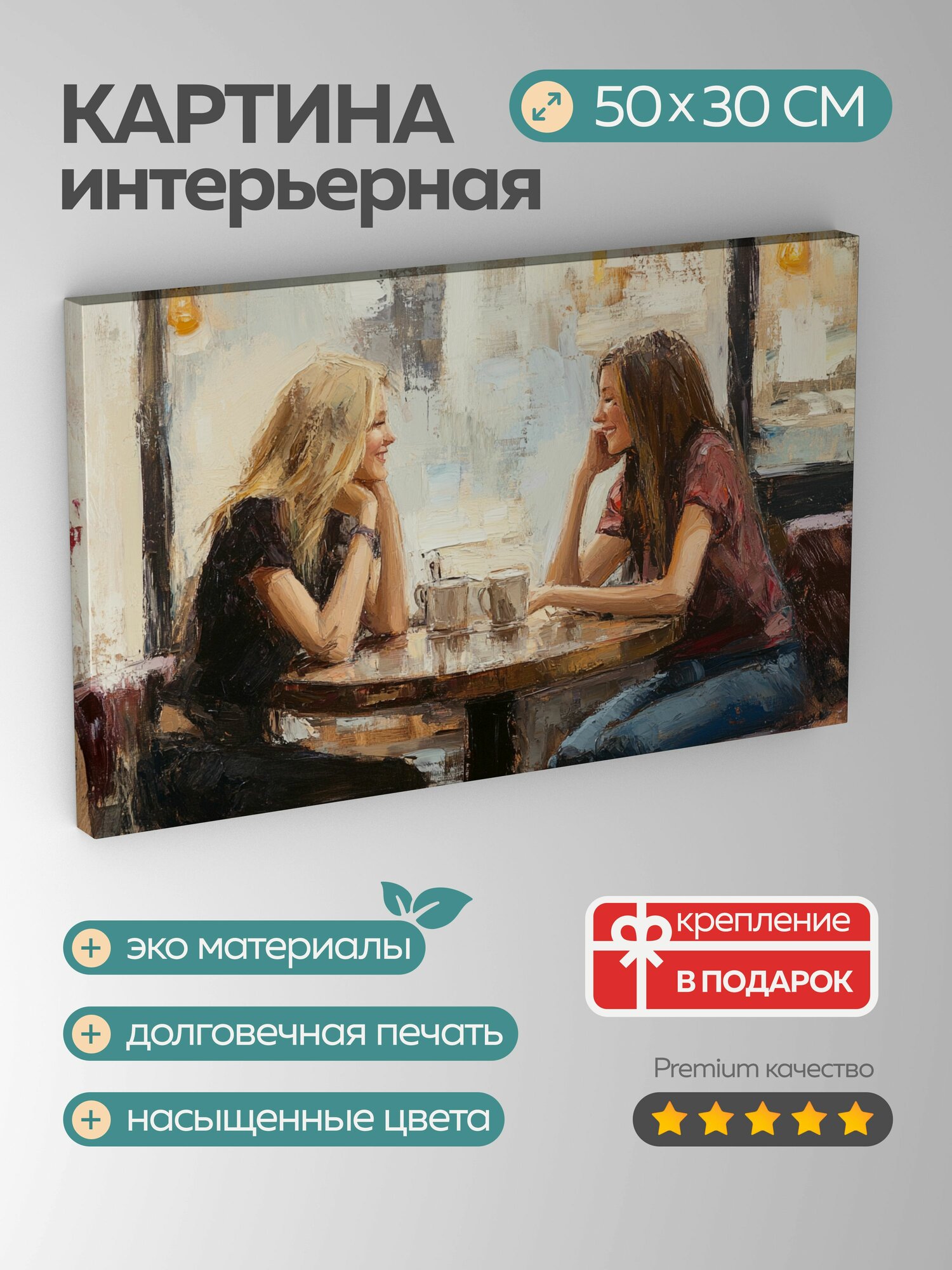 Картина на холсте интерьерная 50х30 см дружба масляная картина два друга уютное кафе беседа текстуры комфорт