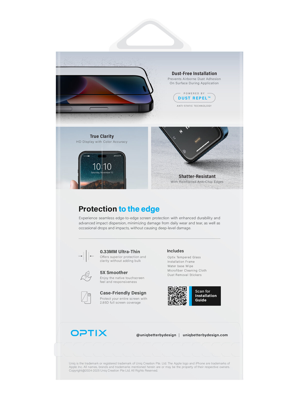 Uniq прозрачное стекло для iPhone 16 Pro, OPTIX Clear (+installer) без рамки — фото 1