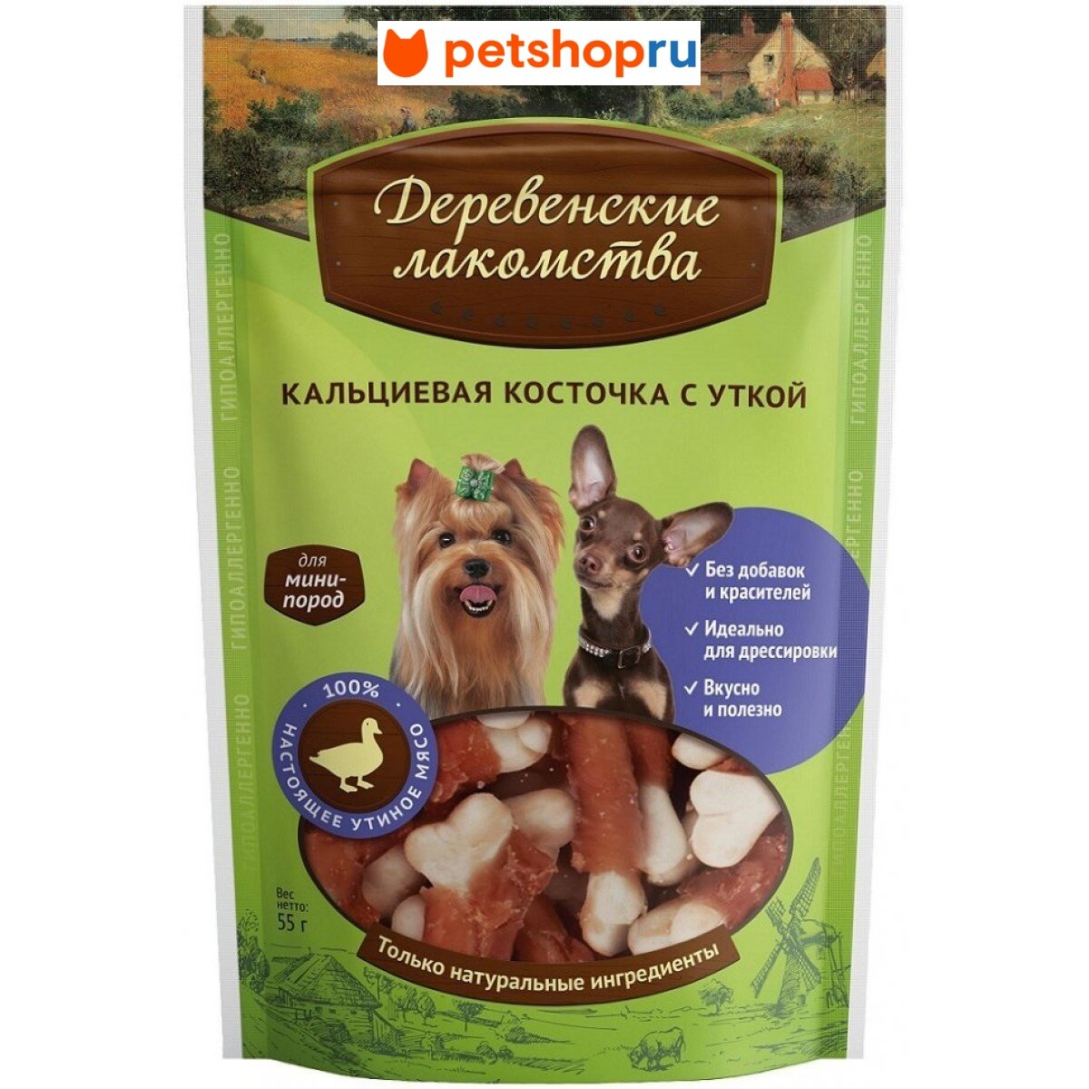 Деревенские лакомства Кальциевая косточка с уткой для собак мини-пород 55 гр
