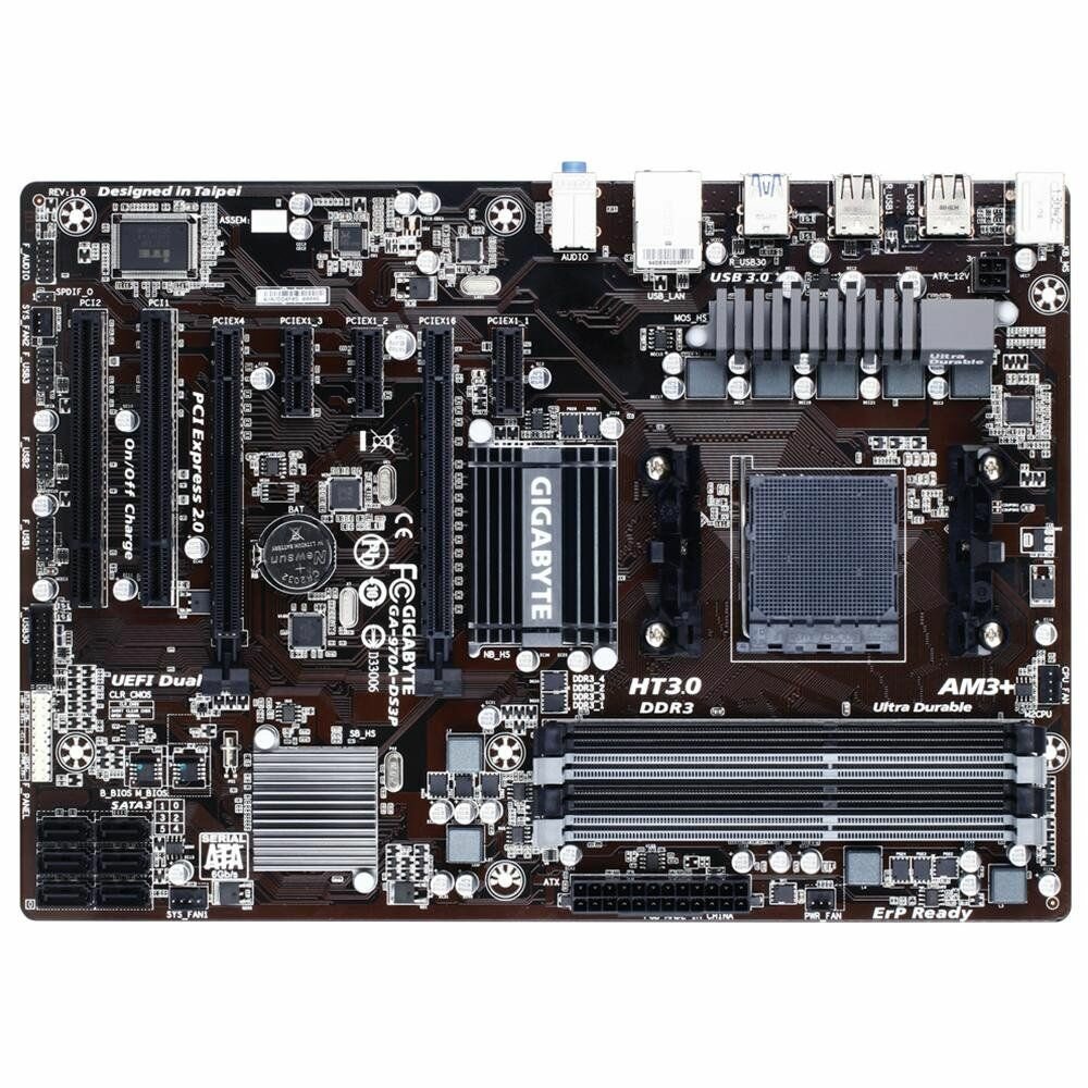 Материнская плата Gigabyte GA-970A-DS3P REV:2.1, AMD970/4DDR3/USB3.0/SATA/Sb/Lan/ATX, без планки