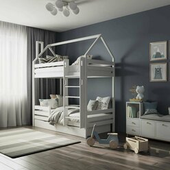 Двухъярусная кровать "Домик" Detskaya.Online, берёза, белый, ортопедические ламели, с ящиками