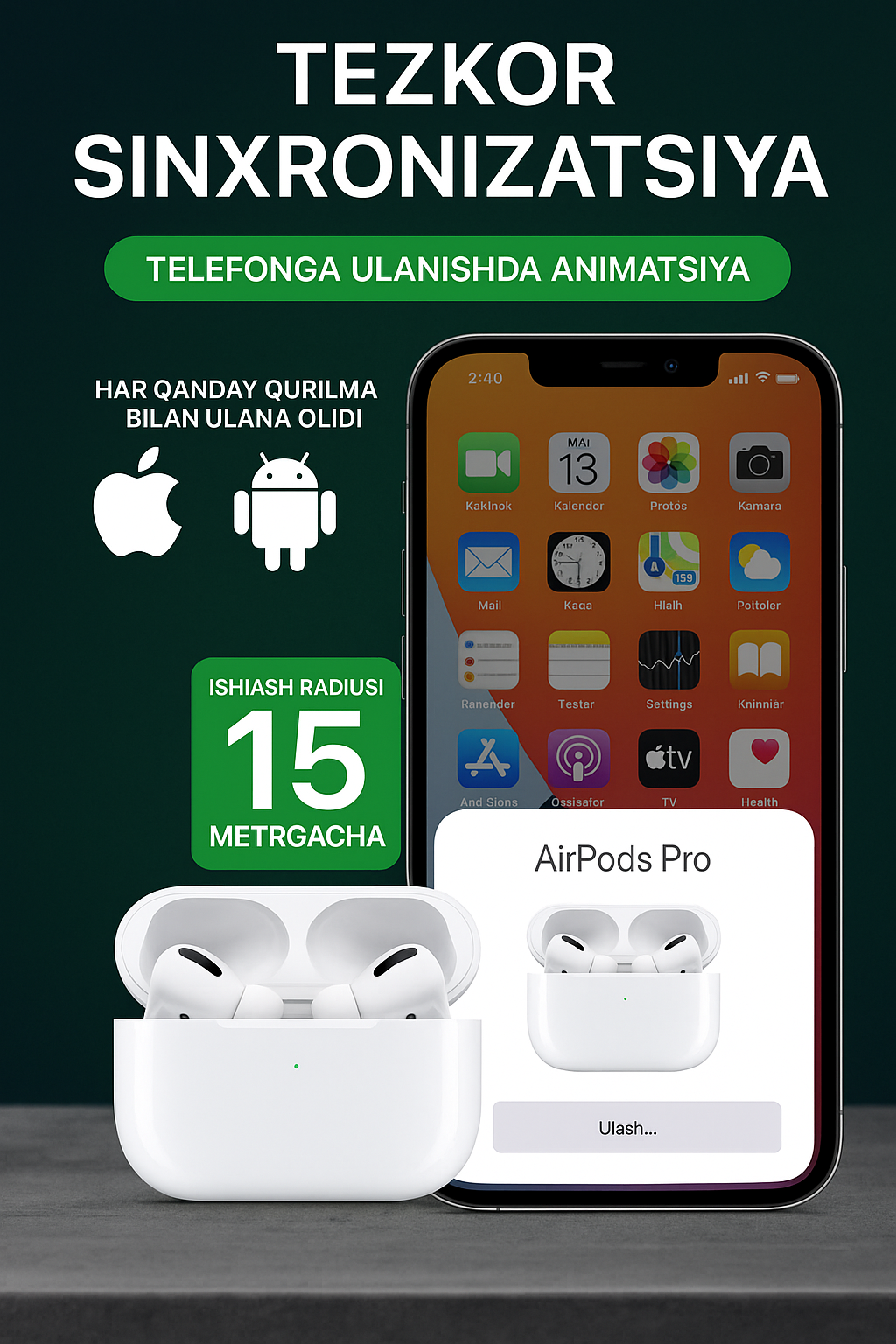AirPods 2 PRO (Premium) беспроводные наушники с сенсорным управлением, превосходного качества.
