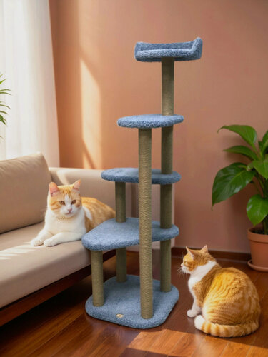 Изображение товара Игровой комплекс для кошек, Моя Котя, "Достучаться до небес", голубой ковролин и джут