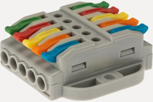 Изображение товара REXANT СМК 222-425P проходная клемма 5 полюсов с монтажной площадкой 0,08-4 мм2 серый 20шт