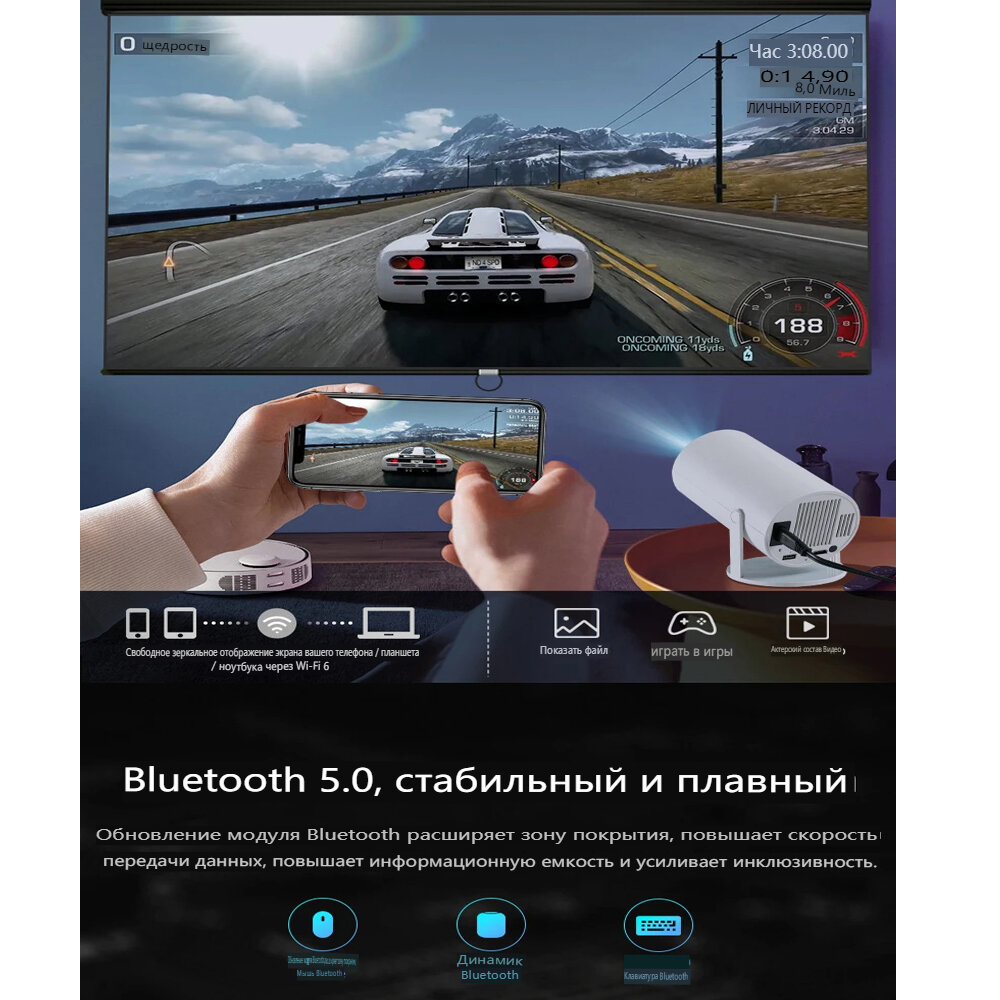 Проектор HY300Pro 4K Android 11 Dual Wifi6 360 MAX BT5.0 1080P Умный домашний кинотеатр — фото 1