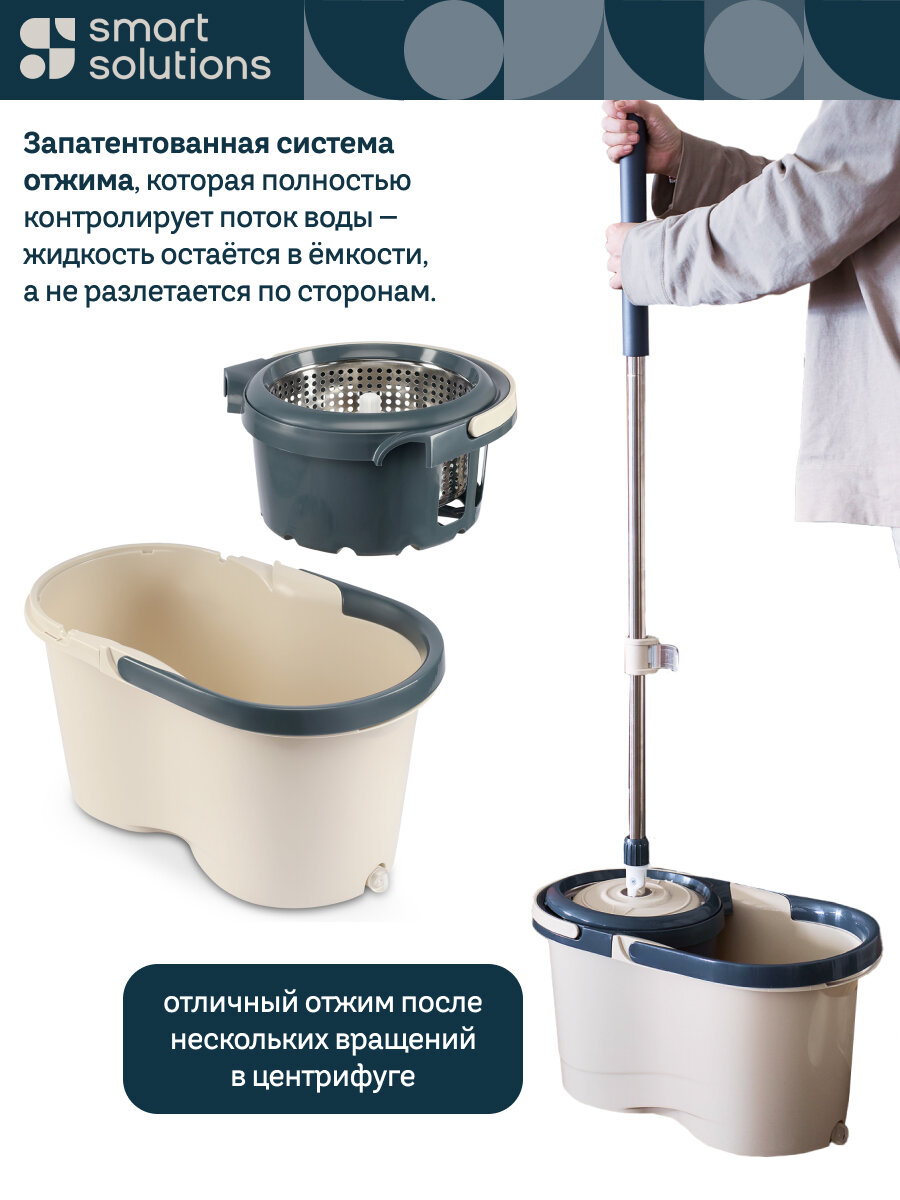 Швабра с ведром и отжимом центрифугой Cleanup 7 л набор для мытья полов с веревочной насадкой Smart Solutions SS0000264 — фото 1