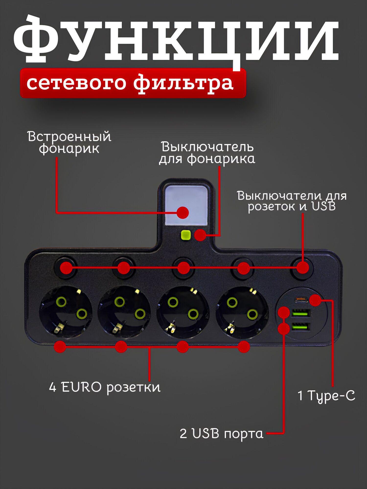 Тройник разветвитель с 4-мя розетками и 2 USB / Тройник с подсветкой и Type-C портом, черный — фото 1