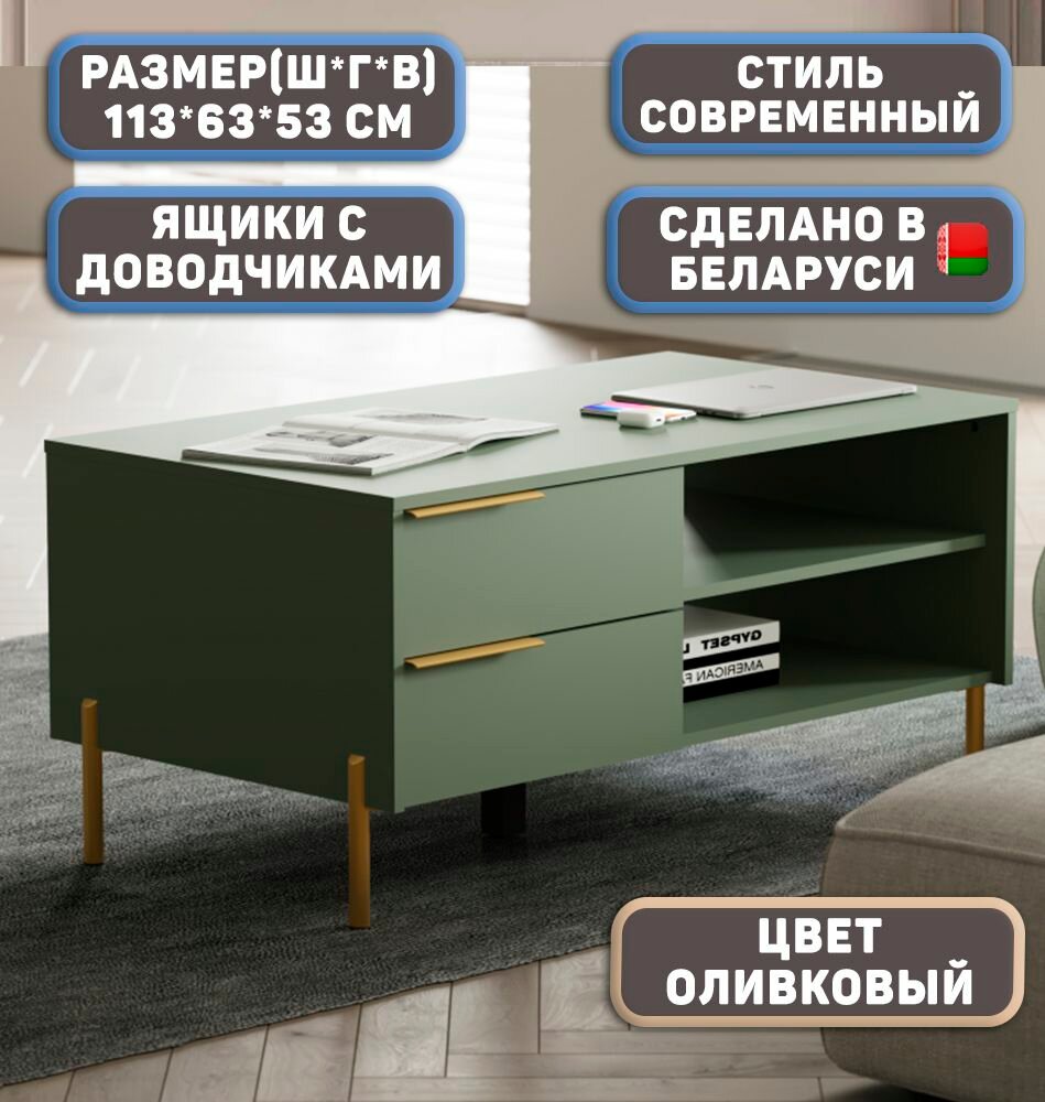 Журнальный стол Аура 300с 2 ящика с полкой цвет Оливково-зеленый фасад МДФ / Корпус ЛДСП