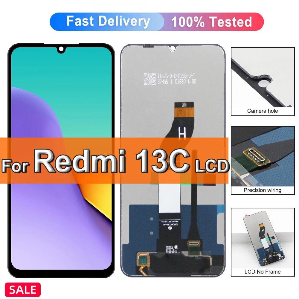 Дисплей для Xiaomi Redmi 13C 23100RN82L ЖК-дисплей с сенсорным экраном в сборе для Redmi 13C Замена экрана с рамкой, Black No Frame