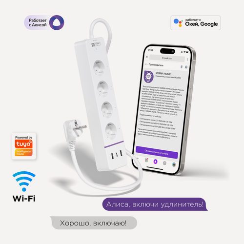 Изображение товара Умный удлинитель с Wi-Fi, Яндекс Алисой, Google Home, Smart Power Plug 16A