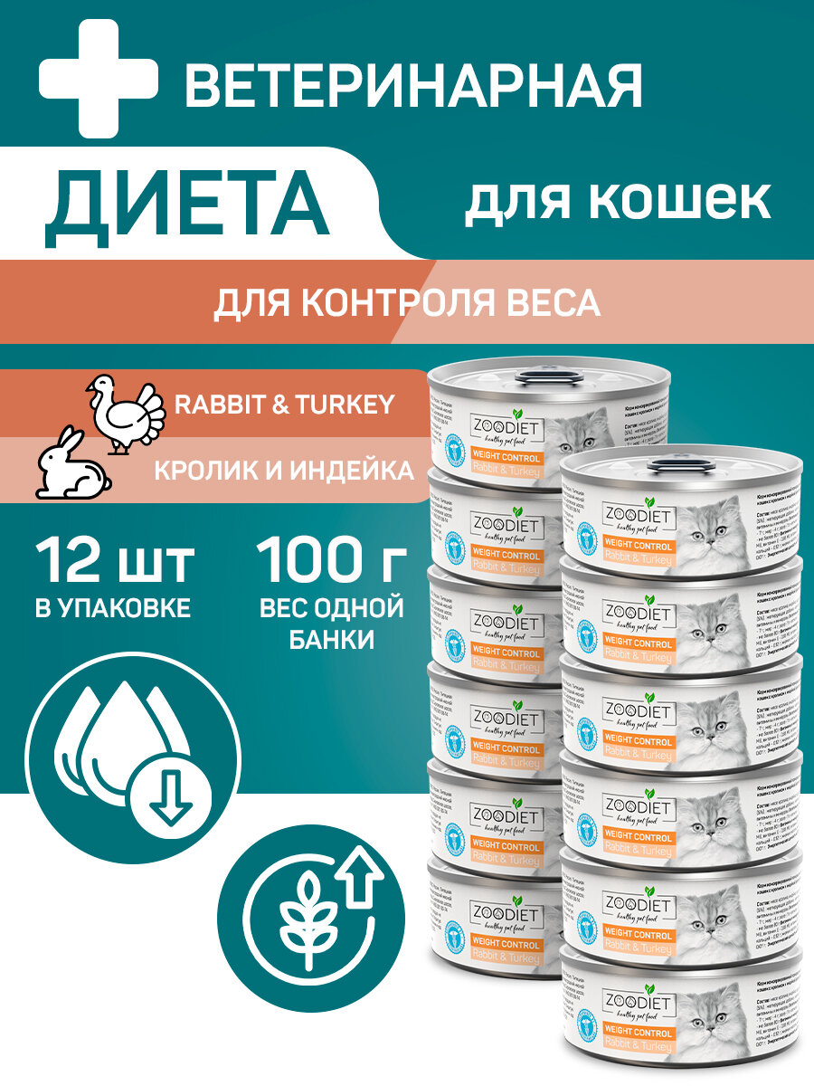 Влажный диетический корм для кошек Zoodiet Weight Control С кроликом и индейкой (контроль веса), 100 г х 12 шт.