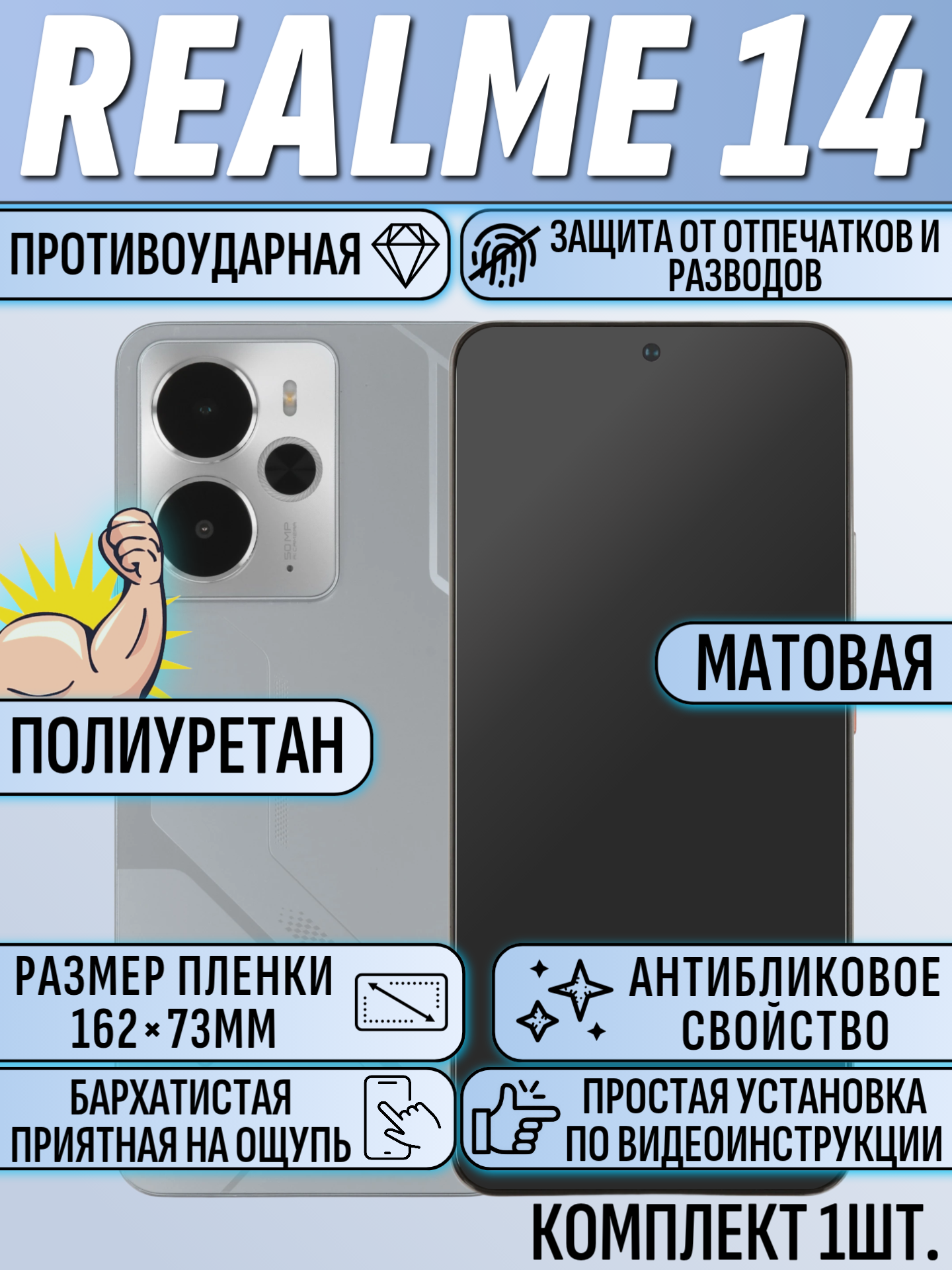 Гидрогелевая пленка для Realme 14 матовая полиуретановая защитная