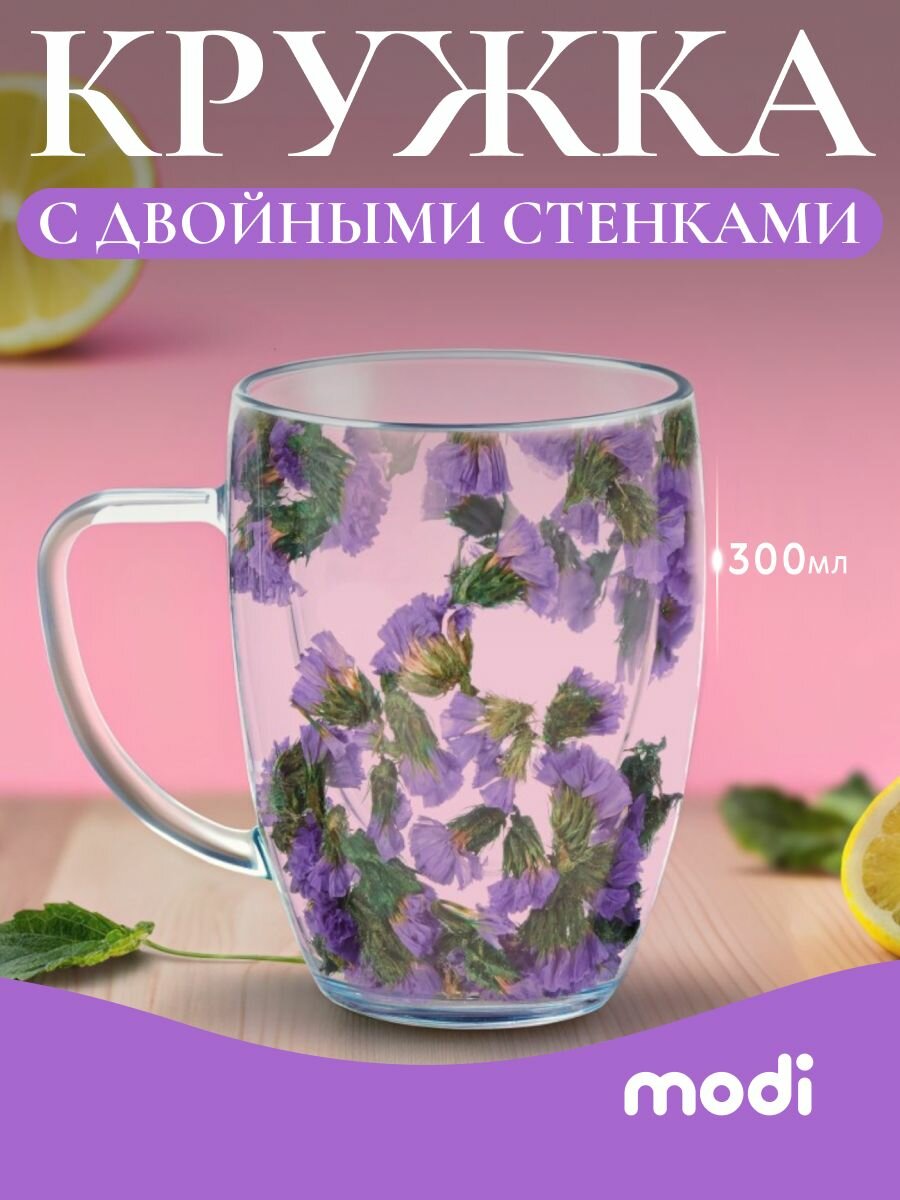 Modi Стеклянная кружка для чая и кофе с двойными стенками c цветами (сухоцветами ассорти) объем 300мл