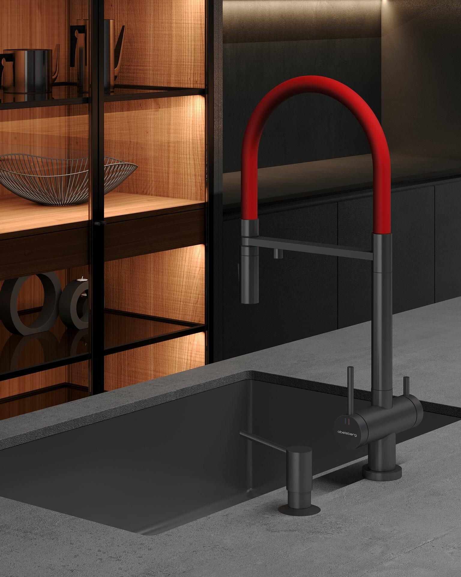 Смеситель для кухни Abelsberg Venta IXF73979GM c гибким изливом и возможностью подключения фильтра для воды, цвет космическая сталь, PVD покрытие