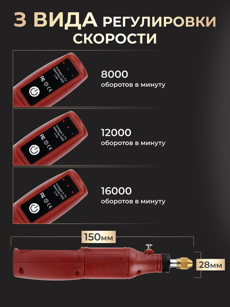 Беспроводной аккумуляторный гравер HJ022 3 режима скорости Type-c / красный / 25 насадок — фото 1