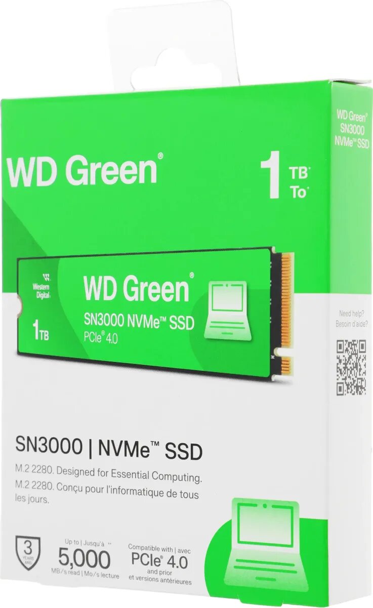 Твердотельный накопитель (SSD) 1TB WD Green SN3000, M.2 2280, PCI-E 3x4, [R/W - 5000/4200 MB/s] (WDS100T4G0E)