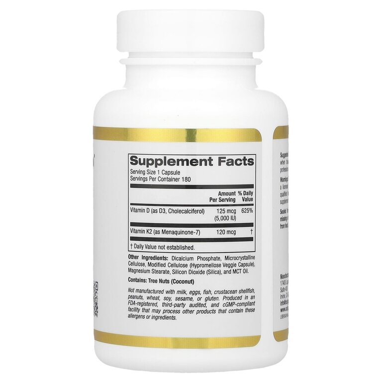 Картинки California Gold, Vitamin D3 + K2, Витамины D3 и К2, 180 растительных капсул