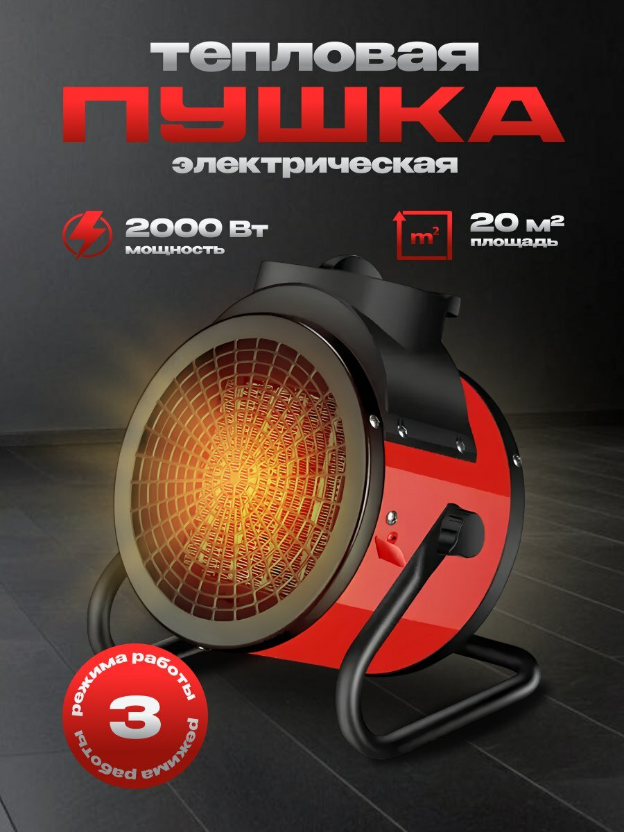 Тепловая пушка электрическая тепловентилятор обогреватель мощность 2000 Вт для обогрева площади 20кв. м