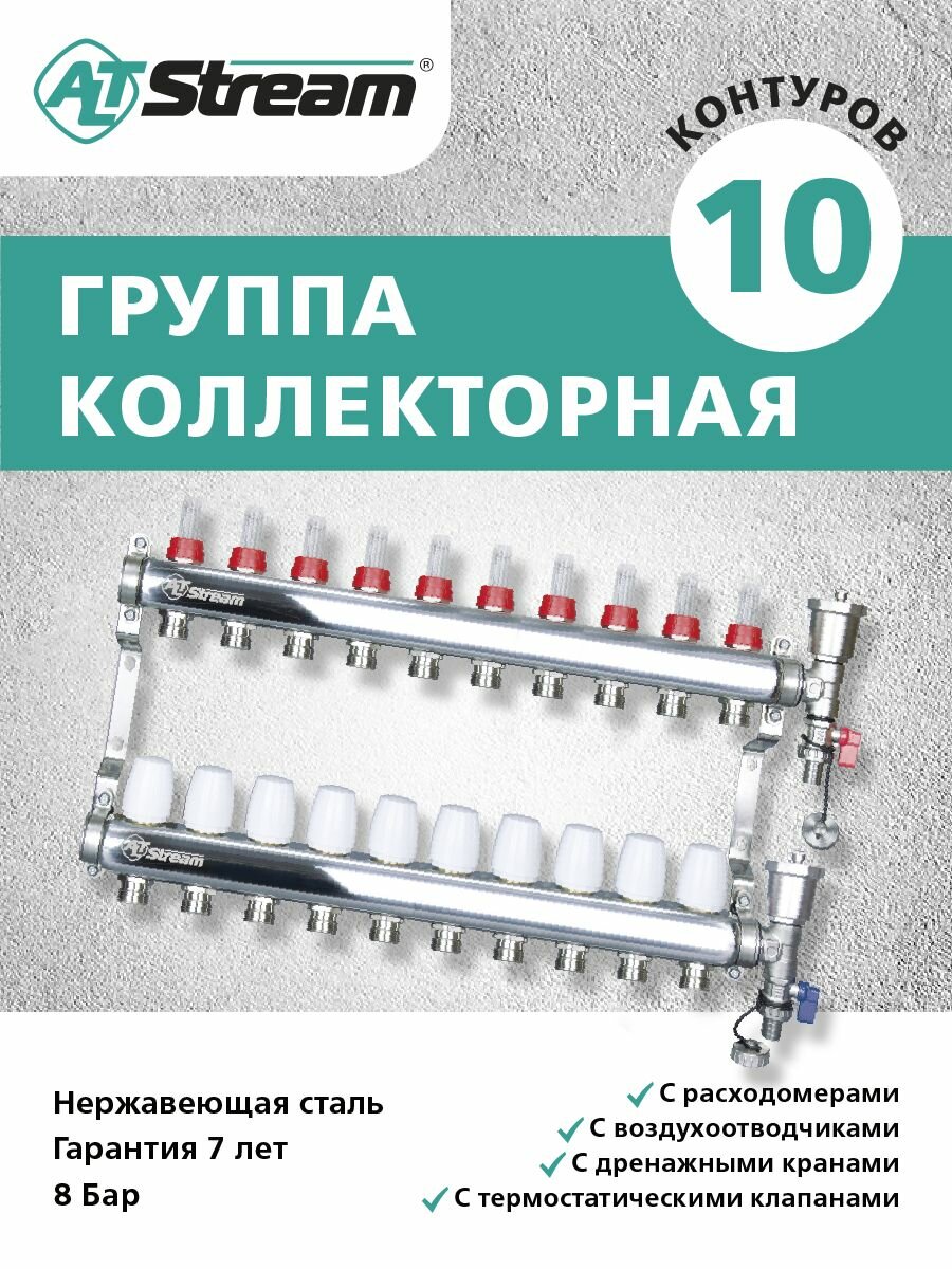 Коллекторная группа с расходомерами для теплого пола 1.1/4"х3/4" на 10 выходов, с дренажом