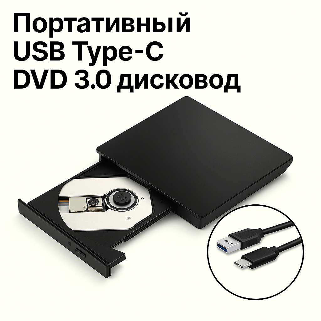 Внешний портативный DVD-привод USB Type-C / USB 3.0 — CD/DVD-RW дисковод для ноутбука и ПК