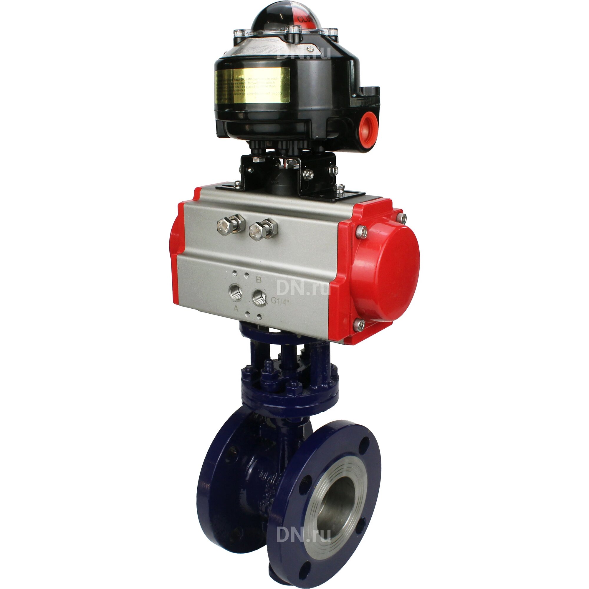 Затвор дисковый поворотный с тройным эксцентриситетом DN.ru WCB-316-M-F-ISO Ду80 Ру25 фланцевый, корпус - углеродистая сталь WCB, диск - нержавеющая сталь 316, уплотнение - METAL, с пневмоприводом DA-105 и БКВ LSB-510-02ExM12-250