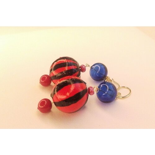 Серьги , стекло, дерево, синий, красный