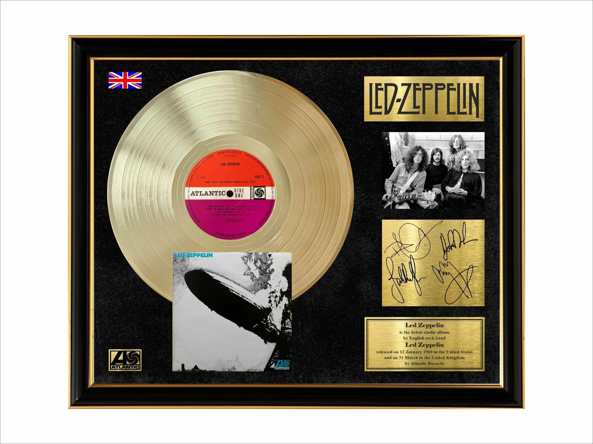 Led Zeppelin золотой винил в рамке и автографы музыкантов