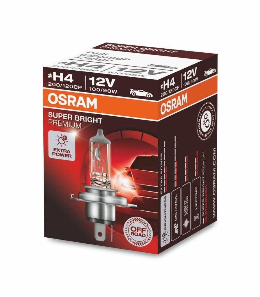 Лампа автомобильная галогеновая H4 OSRAM SUPER BRIGHT PREMIUM 12V 100/80W 4800K P43t (1шт.) 62204SBP